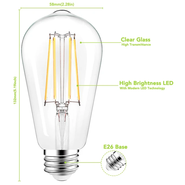 Alt view image 5 of 7 - ST58 E26 LED Light Bulbs, 6W Dimmable Neutral White 4000K 4 Pack Bright 60W Equivalent 720 Lumens, Antique LED Filament Bulb CRI 85+, Clear Glass, Energy Efficient Flicker Free