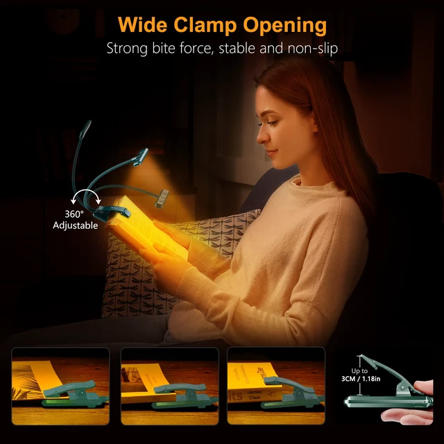 Alt view image 6 of 7 - 19 LED Rechargeable Book Light for Reading in Bed Eye Caring 3 Color Temps,Stepless Dimming Brightness,Memory Function,90 Hrs Runtime Lightweight Clip on Light-Blackish Green