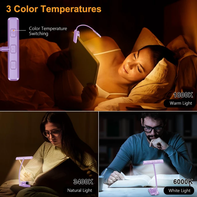 Alt view image 3 of 7 - 19 LED Rechargeable Book Light for Reading in Bed Eye Caring 3 Color Temps,Stepless Dimming Brightness,Memory Function,90 Hrs Runtime Lightweight Clip on Light-Purple