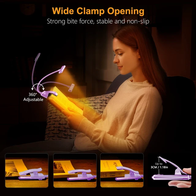 Alt view image 6 of 7 - 19 LED Rechargeable Book Light for Reading in Bed Eye Caring 3 Color Temps,Stepless Dimming Brightness,Memory Function,90 Hrs Runtime Lightweight Clip on Light-Purple