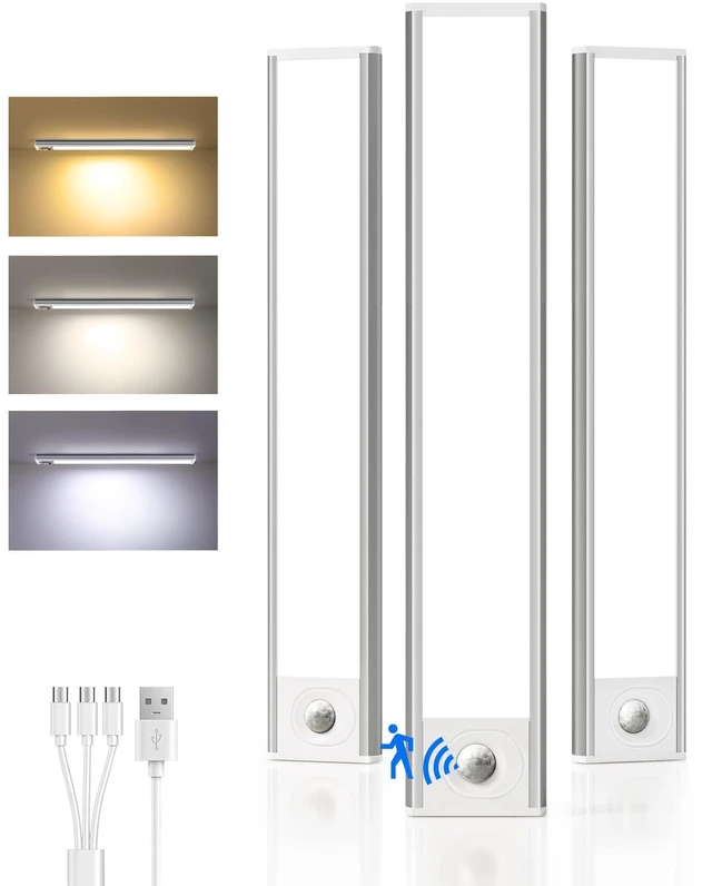 Main image of Under Cabinet Lighting Wireless, Rechargeable Battery Motion Sensor Light Indoor, LED Closet Lights USB Charging, 3 Color Dimmable Under Cabinet Lights for Kitchen, Cabinet, Wardrobe (3 Pcs) 12in