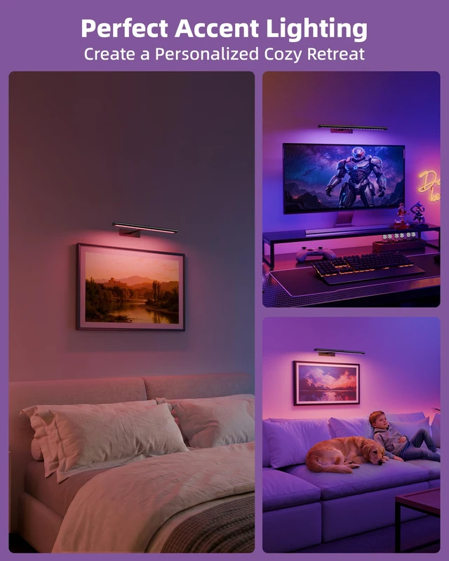 Alt view image 2 of 7 - Picture Light for Wall, 4800mAh Rechargeable Wireless Black Lights for Painting, 16In Dimmable Magnetic LED RGB Art Display Light, Colors Temperatures, for Gallery, Living Room, Hallway