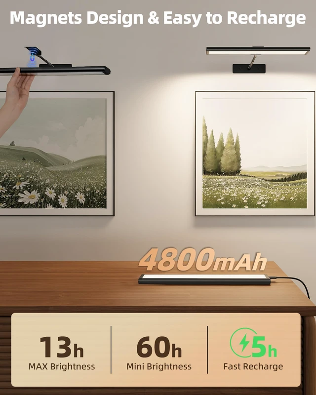 Alt view image 5 of 7 - Picture Light for Wall, 4800mAh Rechargeable Wireless Black Lights for Painting, 16In Dimmable Magnetic LED RGB Art Display Light, Colors Temperatures, for Gallery, Living Room, Hallway