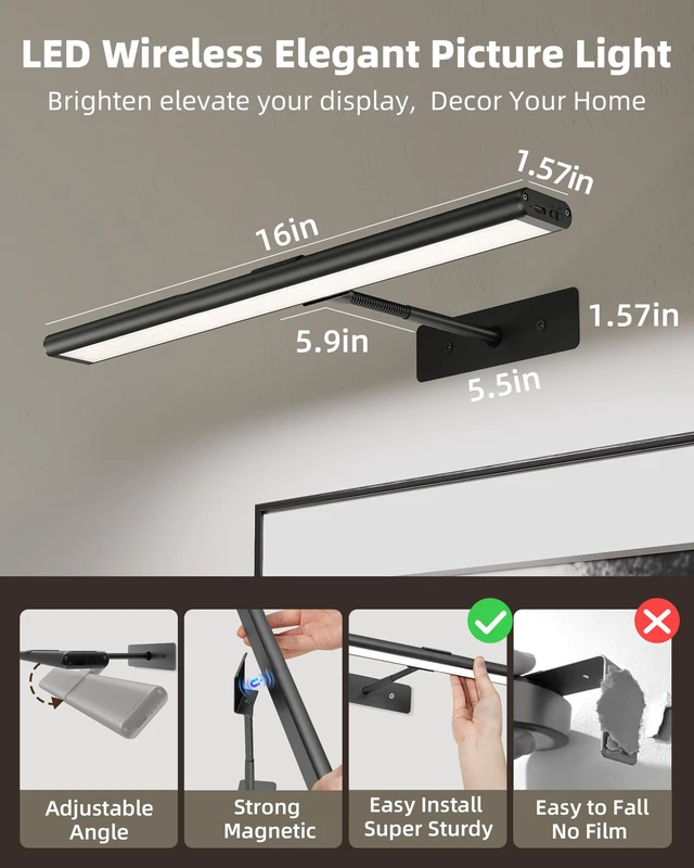Alt view image 6 of 7 - Picture Light for Wall, 4800mAh Rechargeable Wireless Black Lights for Painting, 16In Dimmable Magnetic LED RGB Art Display Light, Colors Temperatures, for Gallery, Living Room, Hallway