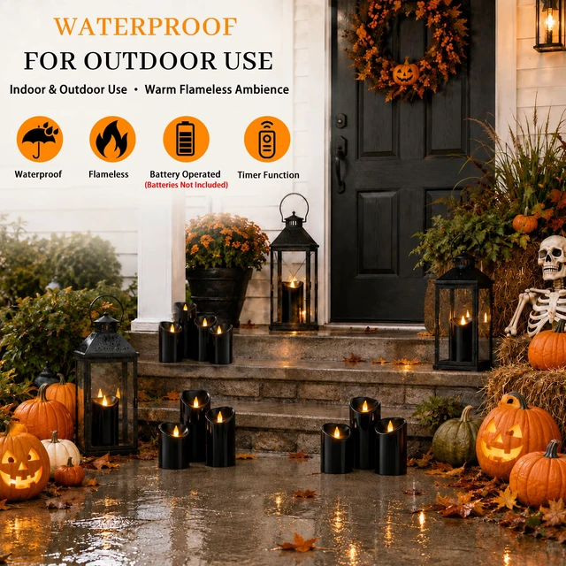 Alt view image 3 of 6 - Flameless Candles 4" 5" 6" Set of 6 Outdoor Indoor Pillars Battery Operated Flickering Candles Include 8-Key Remote Timer Function, Black Fake Plastic Candles for Wedding, Aniversary,Christmas Decor