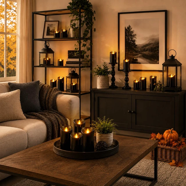 Alt view image 6 of 6 - Flameless Candles 4" 5" 6" Set of 6 Outdoor Indoor Pillars Battery Operated Flickering Candles Include 8-Key Remote Timer Function, Black Fake Plastic Candles for Wedding, Aniversary,Christmas Decor