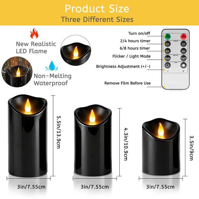 Alt view image 4 of 6 - Flameless Candles 4" 5" 6" Set of 6 Outdoor Indoor Pillars Battery Operated Flickering Candles Include 8-Key Remote Timer Function, Black Fake Plastic Candles for Wedding, Aniversary,Christmas Decor