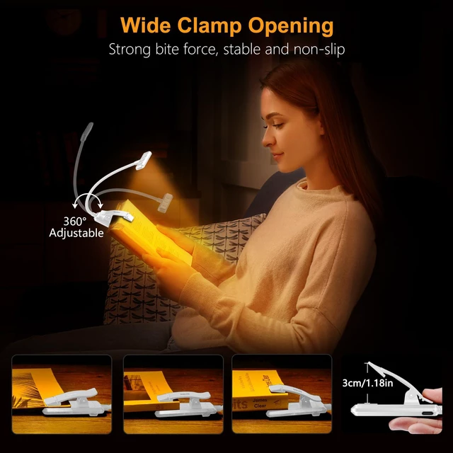 Alt view image 4 of 4 - 19 LED Rechargeable Book Light for Reading in Bed Eye Caring 3 Color Temps,Stepless Dimming Brightness,Memory Function,90 Hrs Runtime Lightweight Clip on Light-White