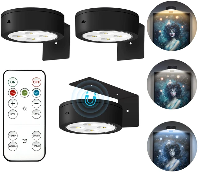 Main image of Picture Lights for Wall, Wireless Poster Lights Battery Operated, Black LED Magnetic Painting Light with Remote Dimmable, Timer3 Lighting Modes, Art Display Puck Light for Frame Portrait, 3 Pack