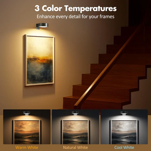 Alt view image 2 of 7 - Picture Lights for Wall, Wireless Poster Lights Battery Operated, Black LED Magnetic Painting Light with Remote Dimmable, Timer3 Lighting Modes, Art Display Puck Light for Frame Portrait, 6 Pack