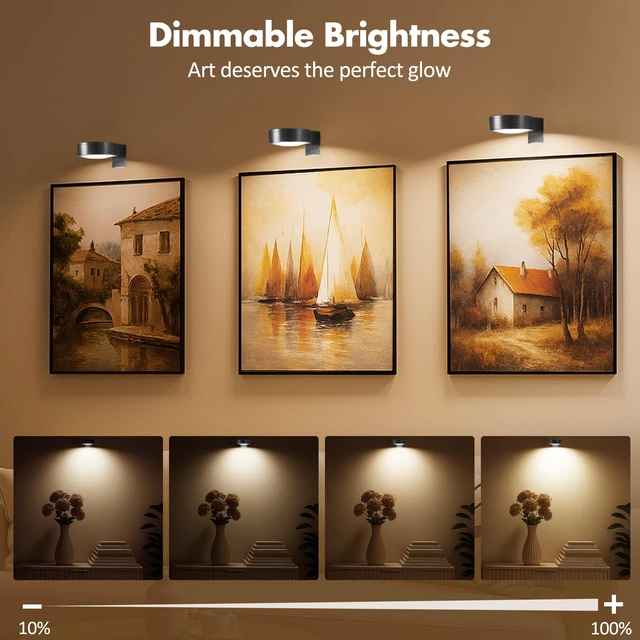 Alt view image 3 of 7 - Picture Lights for Wall, Wireless Poster Lights Battery Operated, Black LED Magnetic Painting Light with Remote Dimmable, Timer3 Lighting Modes, Art Display Puck Light for Frame Portrait, 6 Pack