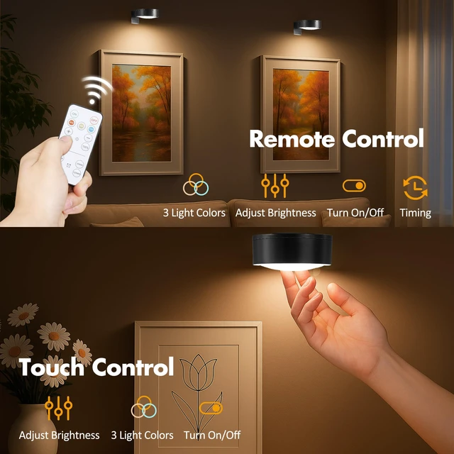 Alt view image 5 of 7 - Picture Lights for Wall, Wireless Poster Lights Battery Operated, Black LED Magnetic Painting Light with Remote Dimmable, Timer3 Lighting Modes, Art Display Puck Light for Frame Portrait, 6 Pack