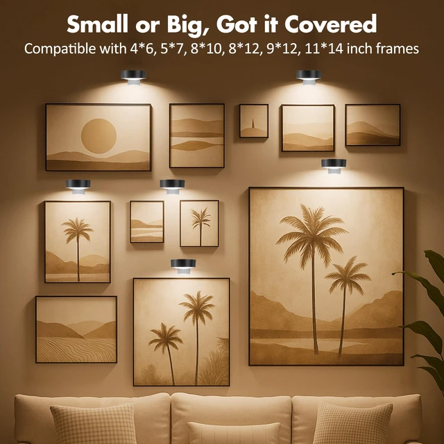 Alt view image 6 of 7 - Picture Lights for Wall, Wireless Poster Lights Battery Operated, Black LED Magnetic Painting Light with Remote Dimmable, Timer3 Lighting Modes, Art Display Puck Light for Frame Portrait, 6 Pack