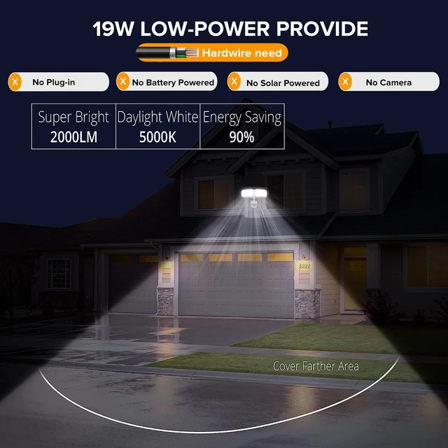 Alt view image 2 of 7 - 19W LED Security Lights Motion Sensor Light Outdoor, 2000LM Motion Flood Light, 5000K, IP65 Waterproof, 2 Adjustable Head Motion Detector Security Light for Exterior,Outside,Garage,Yard(White)