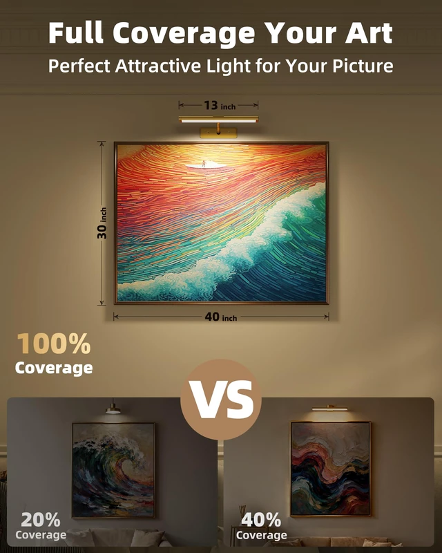 Alt view image 2 of 7 - Picture Light for Wall, 13'' Rechargeable Magnetic with Remote 4800mAh gold battery wireless lights with 3 colors, dimming and timer for paintings, posters, frames, photo, wall art decor