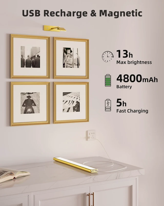 Alt view image 3 of 7 - Picture Light for Wall, 13'' Rechargeable Magnetic with Remote 4800mAh gold battery wireless lights with 3 colors, dimming and timer for paintings, posters, frames, photo, wall art decor