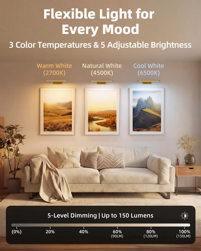 Alt view image 6 of 7 - Picture Light for Wall, 13'' Rechargeable Magnetic with Remote 4800mAh gold battery wireless lights with 3 colors, dimming and timer for paintings, posters, frames, photo, wall art decor