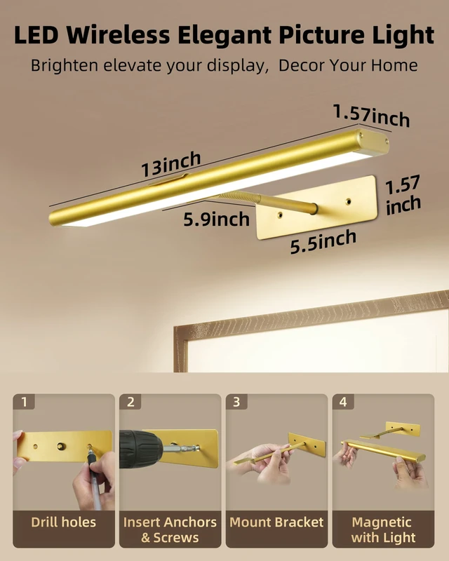 Alt view image 5 of 7 - Picture Light for Wall, 13'' Rechargeable Magnetic with Remote 4800mAh gold battery wireless lights with 3 colors, dimming and timer for paintings, posters, frames, photo, wall art decor
