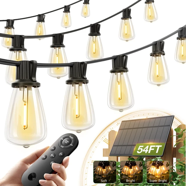 Main image of 54FT(48+6) Solar String Lights Outdoor, Waterproof Dimmable 24+2 LED Patio Lights with Remote & USB Charging, Timer, 3 Light Modes, Shatterproof, Solar Lights Outdoor for Camping Backyard Garden