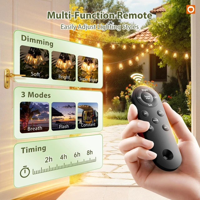 Alt view image 3 of 7 - 54FT(48+6) Solar String Lights Outdoor, Waterproof Dimmable 24+2 LED Patio Lights with Remote & USB Charging, Timer, 3 Light Modes, Shatterproof, Solar Lights Outdoor for Camping Backyard Garden