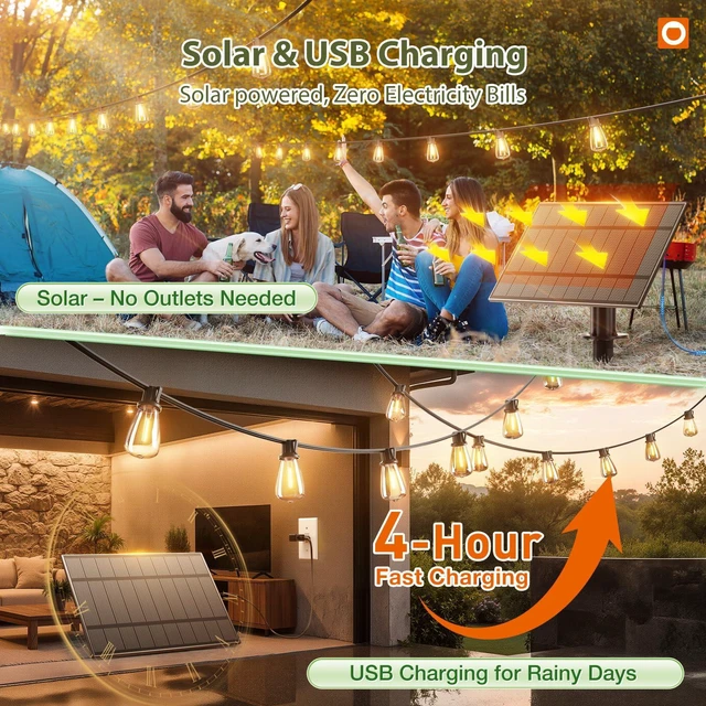 Alt view image 4 of 7 - 54FT(48+6) Solar String Lights Outdoor, Waterproof Dimmable 24+2 LED Patio Lights with Remote & USB Charging, Timer, 3 Light Modes, Shatterproof, Solar Lights Outdoor for Camping Backyard Garden