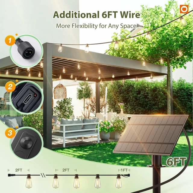 Alt view image 6 of 7 - 54FT(48+6) Solar String Lights Outdoor, Waterproof Dimmable 24+2 LED Patio Lights with Remote & USB Charging, Timer, 3 Light Modes, Shatterproof, Solar Lights Outdoor for Camping Backyard Garden