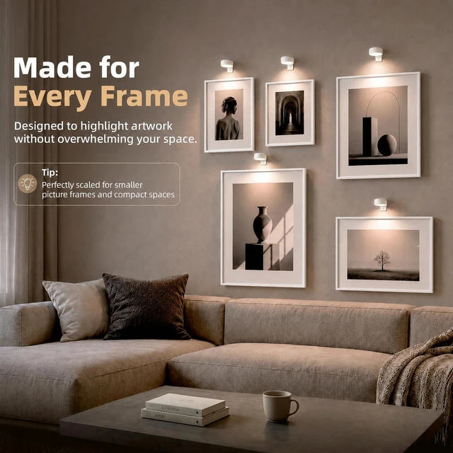 Alt view image 2 of 7 - Picture Lights for Wall, Rechargeable Battery Magnetic Poster Lights with 3 Color Temps & 12 RGB, Remote Dimmable Timer Light, Wall Decor Light for Art Display (6 Pack with Charging Station)