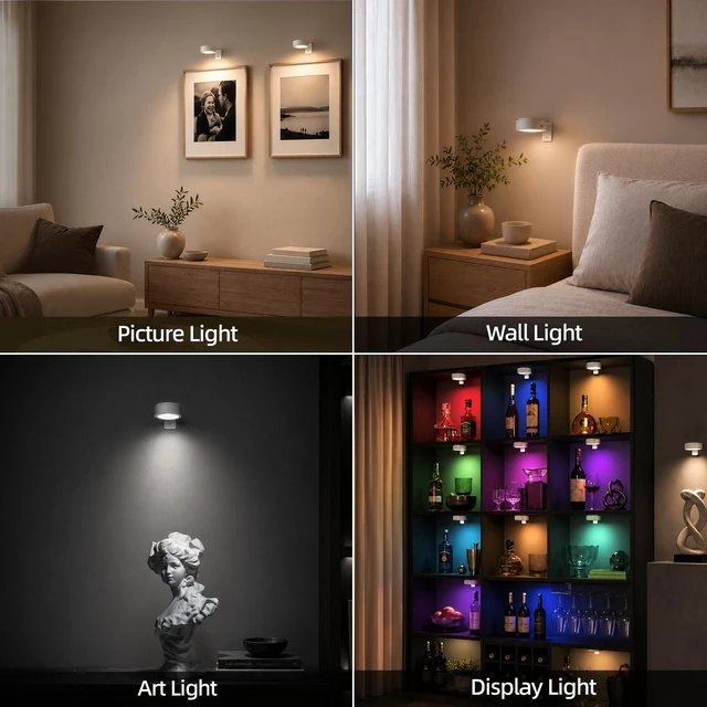 Alt view image 3 of 7 - Picture Lights for Wall, Rechargeable Battery Magnetic Poster Lights with 3 Color Temps & 12 RGB, Remote Dimmable Timer Light, Wall Decor Light for Art Display (6 Pack with Charging Station)