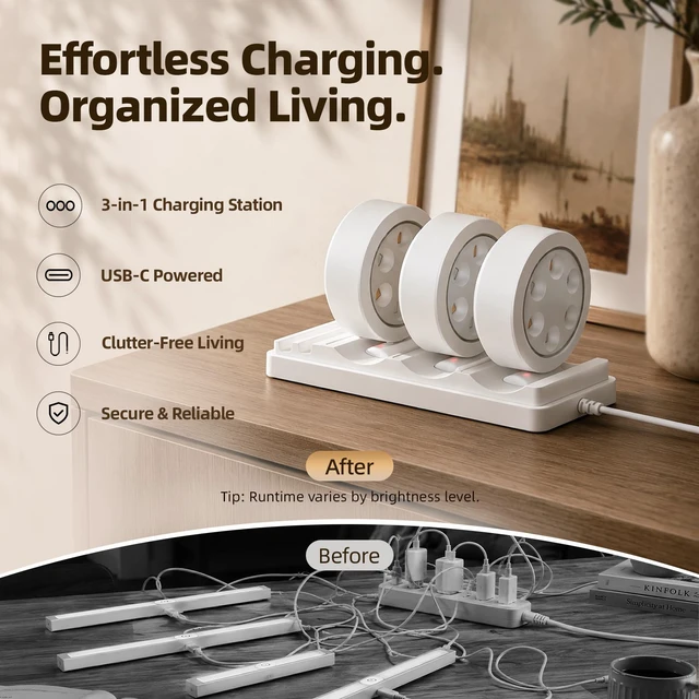 Alt view image 5 of 7 - Picture Lights for Wall, Rechargeable Battery Magnetic Poster Lights with 3 Color Temps & 12 RGB, Remote Dimmable Timer Light, Wall Decor Light for Art Display (6 Pack with Charging Station)