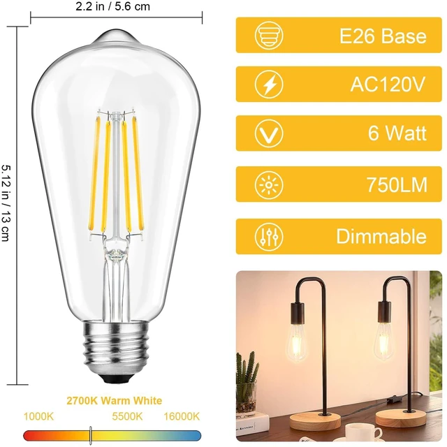 Alt view image 3 of 7 - 36 Pack Vintage LED Edison Bulbs 6W, 60W Equivalent E26 Base 5000K ST58 Antique Filament Medium Base Bulbs, Clear Glass Style for Living Room, Dimmable High Brightness 850LM, Daylight White