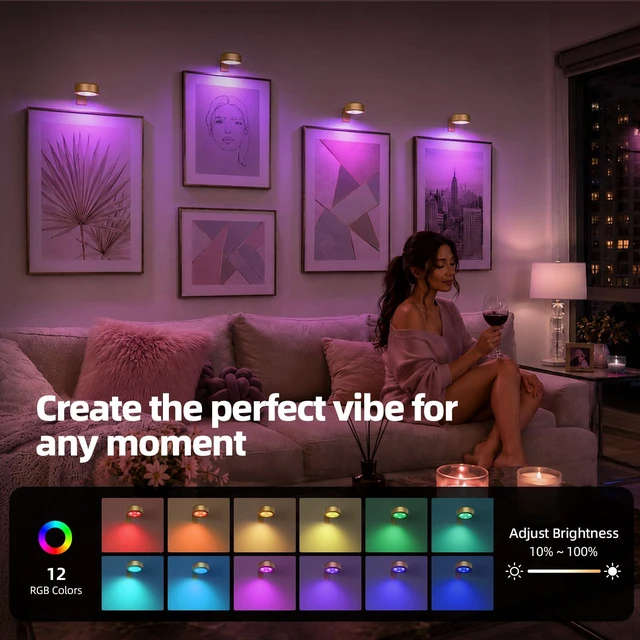 Alt view image 6 of 7 - Picture Lights for Wall, 2000mAh Rechargeable Battery Magnetic Poster Lights with 3 Color Temps & 12 RGB, Remote Dimmable Timer Painting Light, Wall Decor Light for Art Display, Frame (3 Pack)
