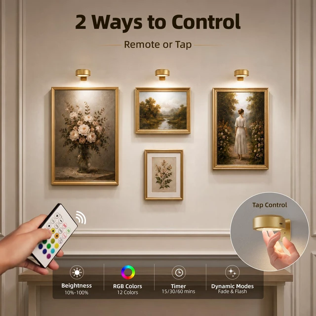 Alt view image 7 of 7 - Picture Lights for Wall, Rechargeable Battery Magnetic Poster Lights with 3 Color Temps & 12 RGB, Remote Dimmable Timer Light, Wall Decor Light for Art Display (6 Pack with Charging Station)