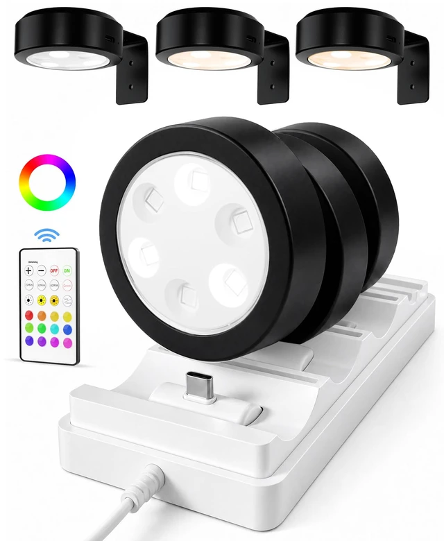 Main image of Picture Lights for Wall, Rechargeable Battery Magnetic Poster Lights with 3 Color Temps & 12 RGB, Remote Dimmable Timer Light, Wall Decor Light for Art Display (6 Pack with Charging Station)