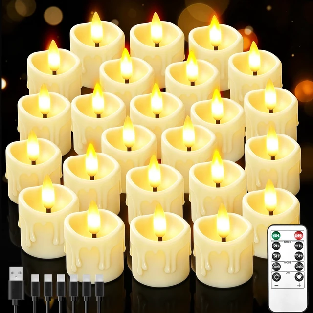 Main image of 24 Pack Small Rechargeable Flameless Candles with Remote Timer 1.5"x2" LED Tea Lights Flickering Mini Candles Battery Operated Votive Fake Candles for Halloween Wedding Party Table Decor