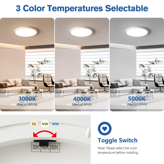 Alt view image 2 of 7 - 12 Inch Slim Dimmable LED Flush Mount Ceiling Light Fixtures, 24W 2640LM 3000K/4000K/5000K, Hardwired Led Lights for Bedroom Hallway Laundry Room Rental Units, 240W Equiv., White