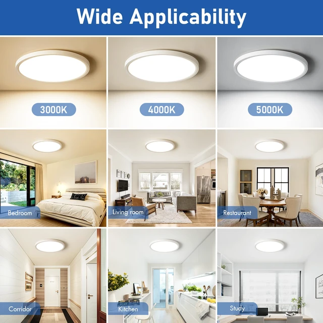 Alt view image 6 of 7 - 12 Inch Slim Dimmable LED Flush Mount Ceiling Light Fixtures, 24W 2640LM 3000K/4000K/5000K, Hardwired Led Lights for Bedroom Hallway Laundry Room Rental Units, 240W Equiv., White