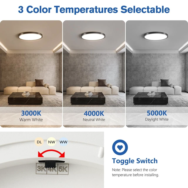 Alt view image 2 of 7 - 12 Inch Hardwired Dimmable LED Flush Mount Ceiling Light Fixtures, 24W 2640LM 3000K/4000K/5000K, House Upgrade Led Lights for Bedroom Hallway Laundry Room Rental Units, 240W Equiv., Black