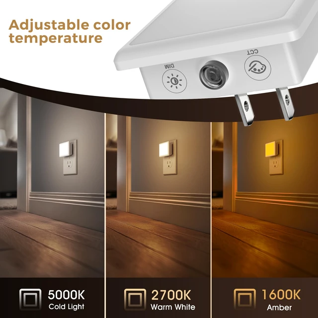 Alt view image 3 of 7 - 3CCT Night Lights Plug into Wall 2-Pack, Plug in Night Light Built-in Dusk to Dawn Sensor, Bright Nightlight Auto-on/off, for Adults Kids Room Bedroom Bathroom Hallway Kitchen, 0.3W