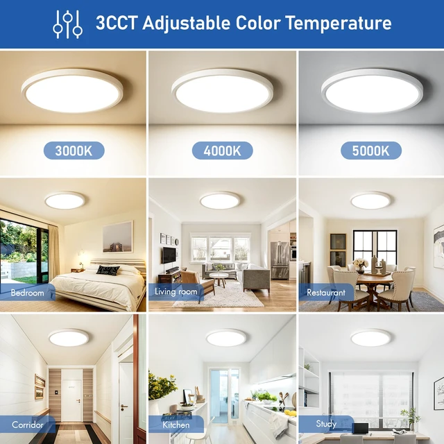 Alt view image 4 of 7 - 12 Inch Hardwired Dimmable LED Flush Mount Ceiling Light Fixtures, 24W 2640LM 3000K/4000K/5000K, House Upgrade Led Lights for Bedroom Hallway Laundry Room Rental Units, 240W Equiv., Black