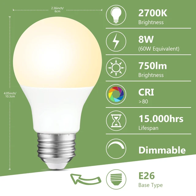 Alt view image 3 of 7 - A19 LED Light Bulbs Dimmable,60W Equivalent 750 Lumens, 2700K Soft White, E26 Base, 15,000-Hour Lifespan, 8W Energy Saving LED Bulbs, Ideal for for Living Room & Bedroom Lighting, 6 Pack