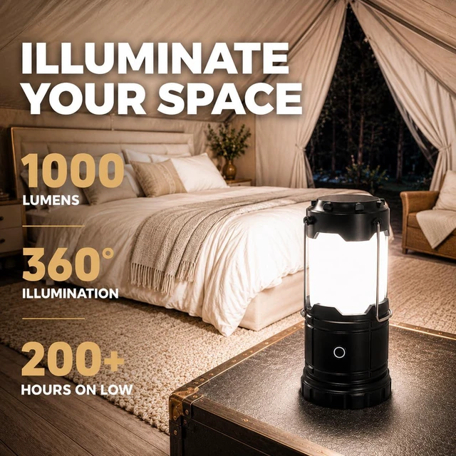 Alt view image 2 of 7 - LED Camping Lantern, Battery Powered Lanterns for Power Outages, Portable Hanging Collapsible Camping Lights for Outdoor, Home, Emergency, Hurricane Lamp Survival Outage Light 1000 lumens