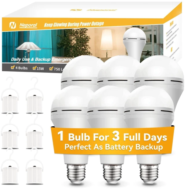 Main image of A19 Rechargeable Light Bulbs, Socket Rechargeable Emergency Light Bulb for Power Failure, Battery Backup Bulbs for Home, Hurricane, Led Bulb 60 Watt Equiv. (White, 6 Count (2600mAh))