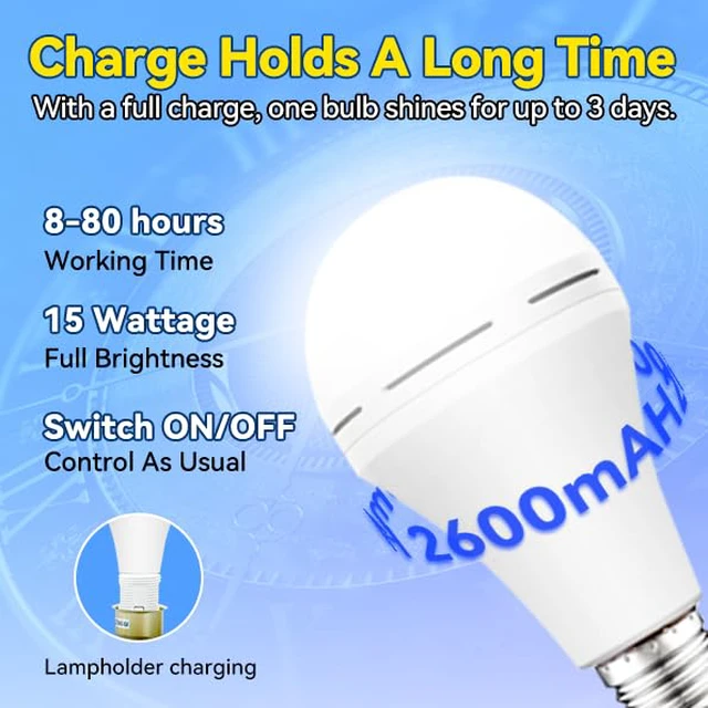 Alt view image 2 of 7 - Emergency-Rechargeable-Light-Bulb, Stay Lights Up When Power Failure,15W 80W Equivalent LED Light Bulbs for Home, Camping, Tent (Daylight, 4 Pack 2600mAh)