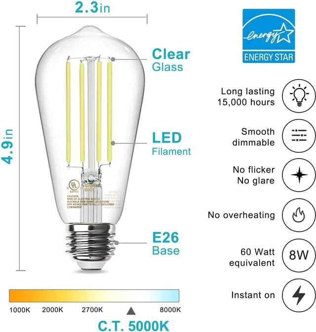Alt view image 2 of 7 - LED Edison Light Bulbs, E26 Dimmable Vintage Bulb, 8W = 60W Equivalent Daylight White 5000K, 800LM, E26 Base, ST19/58, 80+CRI, Clear Glass, Antique Decorative Filament Bulb for Living Room, 20Pack