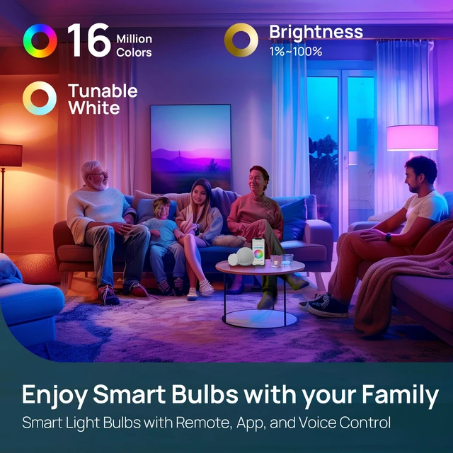 Alt view image 2 of 7 - Smart Light Bulbs, Work with Alexa, Google Home, AiDot Remote Control, 16 Million Color Changing, 1800K-6500K White, 2.4G WiFi+Bluetooth, Preset Scene, A19 E26, 60W 800LM, 6Pack