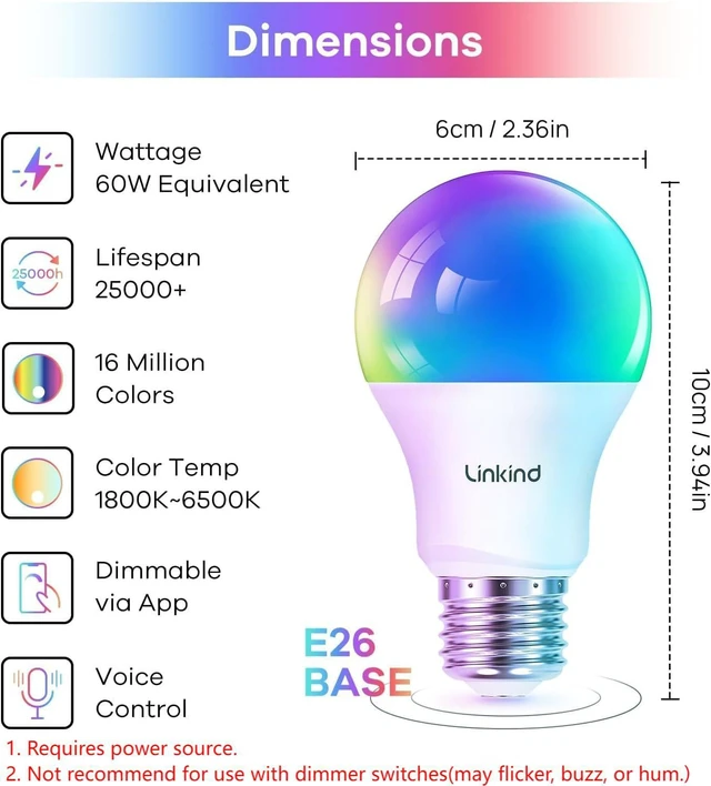 Alt view image 7 of 7 - Smart Light Bulbs, Work with Alexa, Google Home, AiDot Remote Control, 16 Million Color Changing, 1800K-6500K White, 2.4G WiFi+Bluetooth, Preset Scene, A19 E26, 60W 800LM, 6Pack