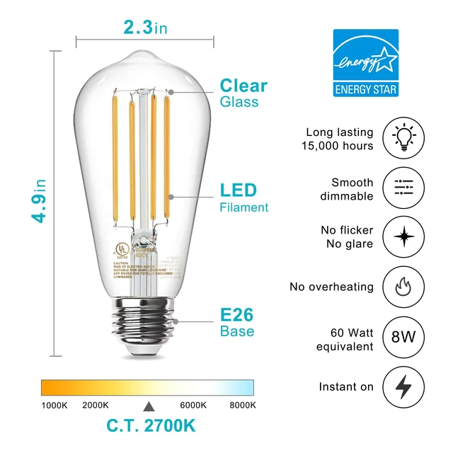 Main image of LED Edison Light Bulbs, E26 Dimmable Vintage Bulb, 8W = 60W Equivalent Warm White 2700K, 800LM, E26 Base, ST19/58, 80+ CRI, Clear Glass, Antique Decorative Filament Bulb for Living Room, 10 Pack