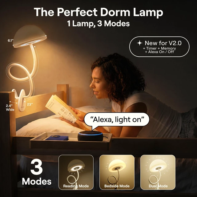 Alt view image 2 of 6 - Shroommate Clip On Light for Dorm Room - 2.0 (White) Bed Headboard Lamp, Bedside Table Lamp Dorm, College Dorm Room Essentials, Night Light Kids Nursery, MultiColor LEDs