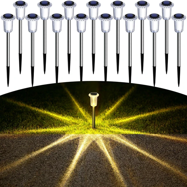 Main image of Solar Garden Lights Outdoor Waterproof Warm White LED 15 Pack Yard Garden Driveway Walkway Landscape Path Lights, Starburst Pattern, Acrylic Diamond-like Lampshade Stainless Steel Pole