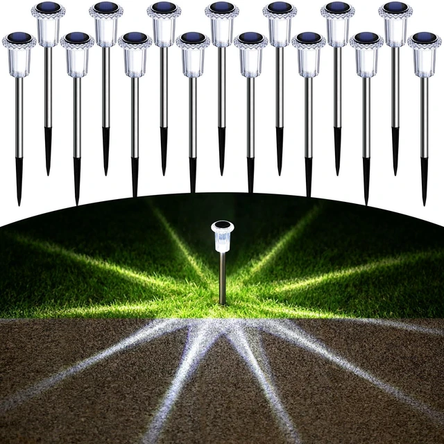 Main image of Solar Pathway Lights Outdoor Waterproof Cold White LED 15 Pack Yard Garden Driveway Walkway Landscape Path Lights, Starburst Pattern, Acrylic Diamond-like Lampshade Stainless Steel Pole